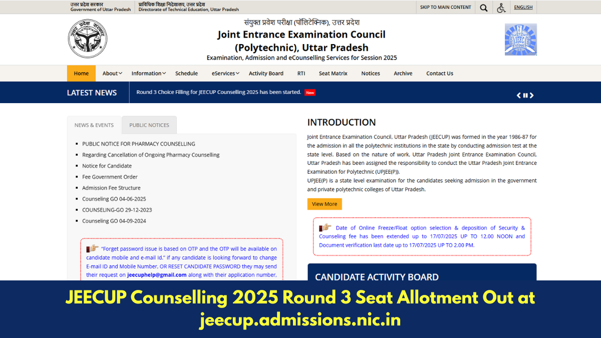 JEECUP Counselling 2025 Round 3 Seat Allotment Declared at jeecup.admissions.nic.in; Check Status Here